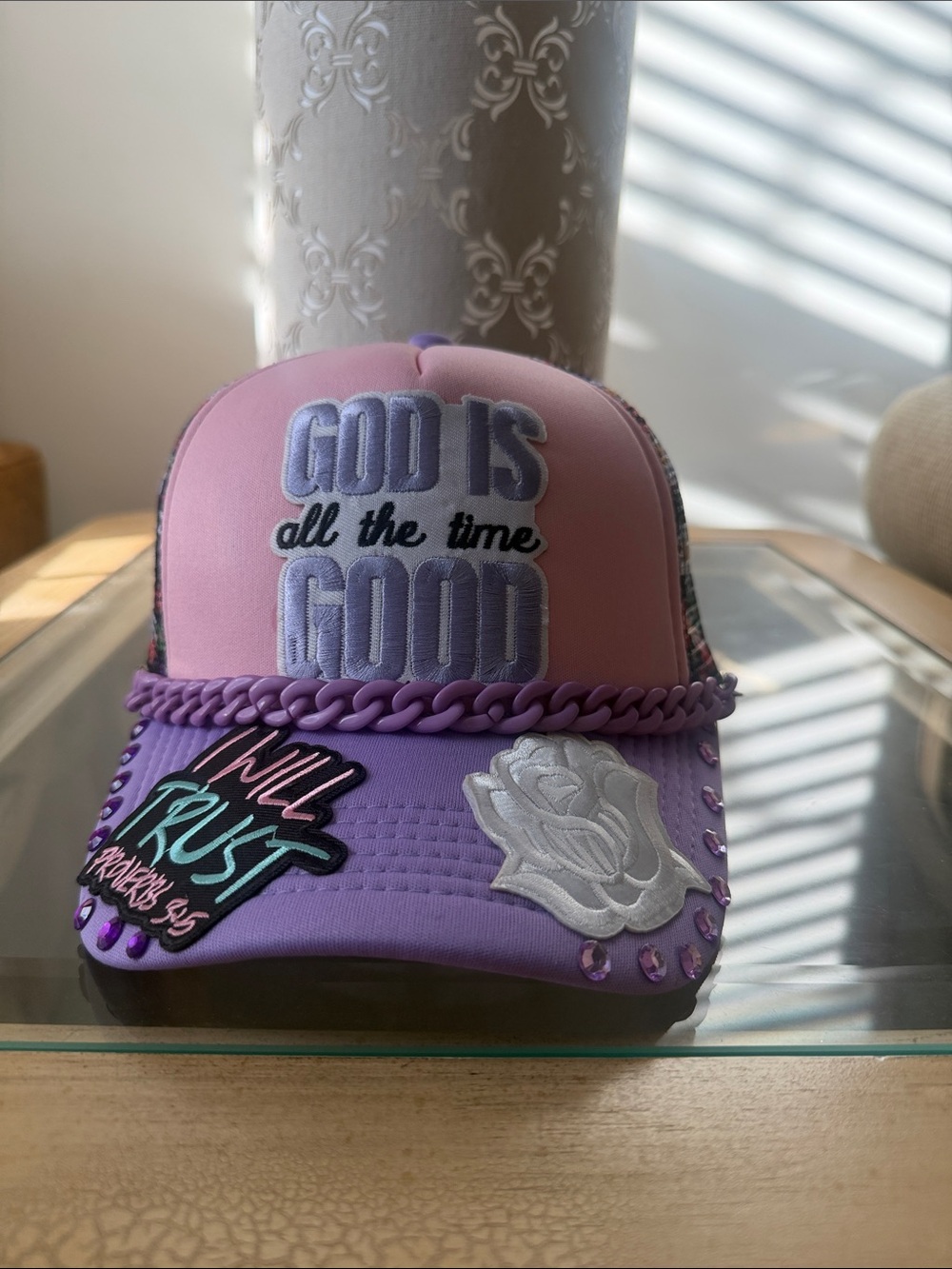 Girls' Pink & Purple 'God Is Good' Embroidered Trucker Hat